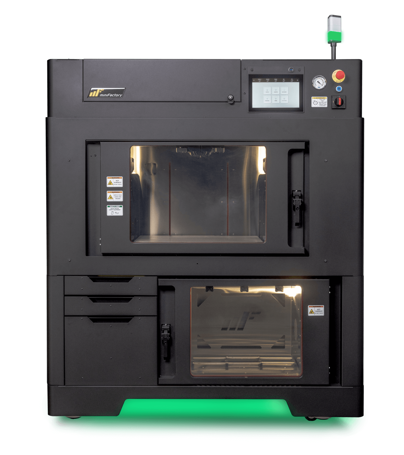 Front view of the miniFactory Ignite Industrial 3D printer, showcasing its sleek design and advanced features for high-performance additive manufacturing.
